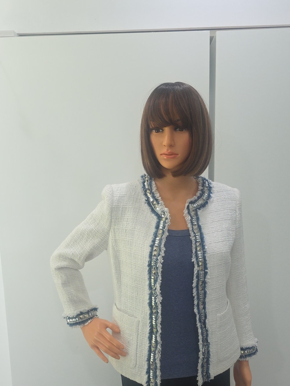 Boston Proper White Tweed Blazer with Navy Trim and Silver Embellishment. Size 4